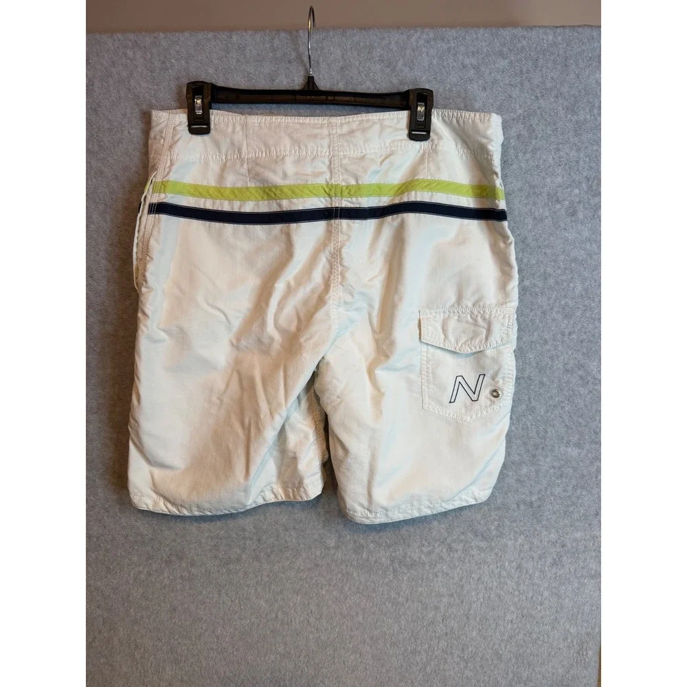 Nautica Mens White Board Shorts Size 32 Striped Swim Trunks Nylon VDR 335 208
